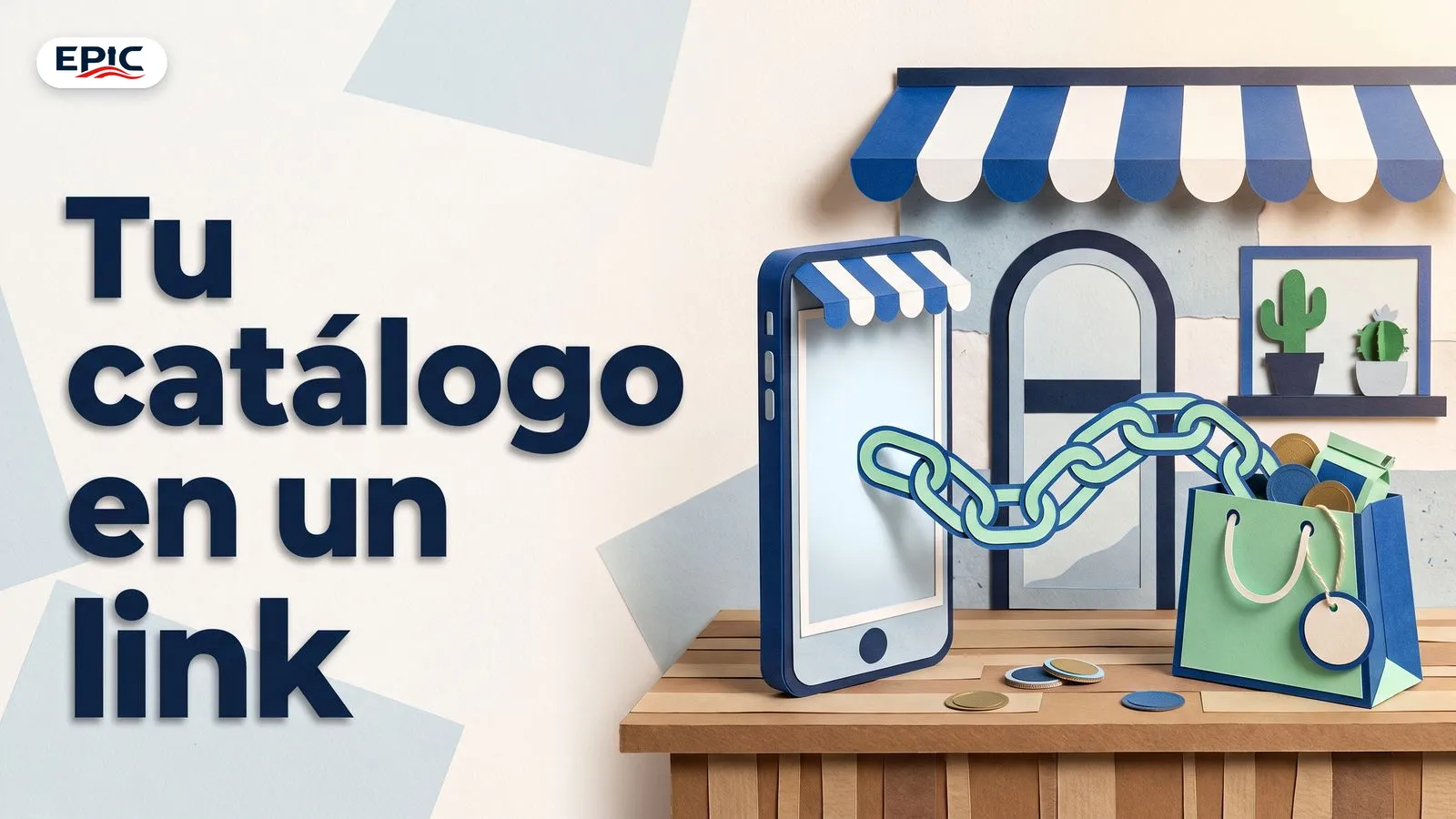 Portada: Tu catálogo en un link. Celular de papel recortado con una cadena de eslabones que sale de la pantalla hacia una bolsa de compras.