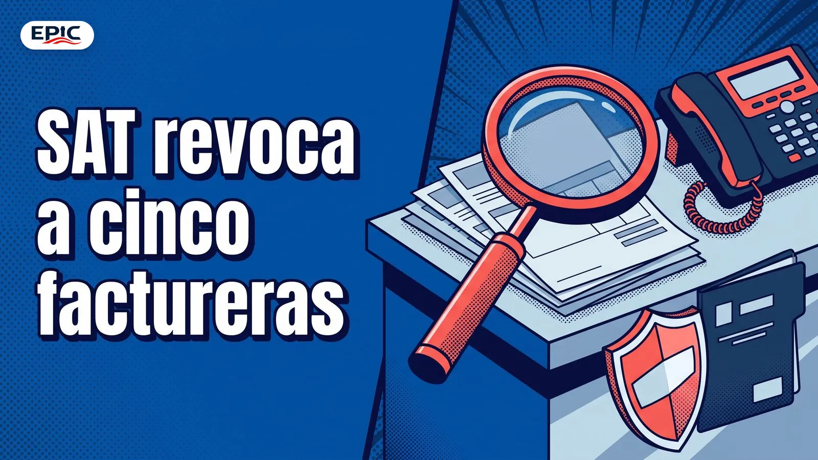 Portada: SAT revoca a cinco factureras. Una factura en blanco sobre el mostrador, una lupa encima y un escudo a un lado.