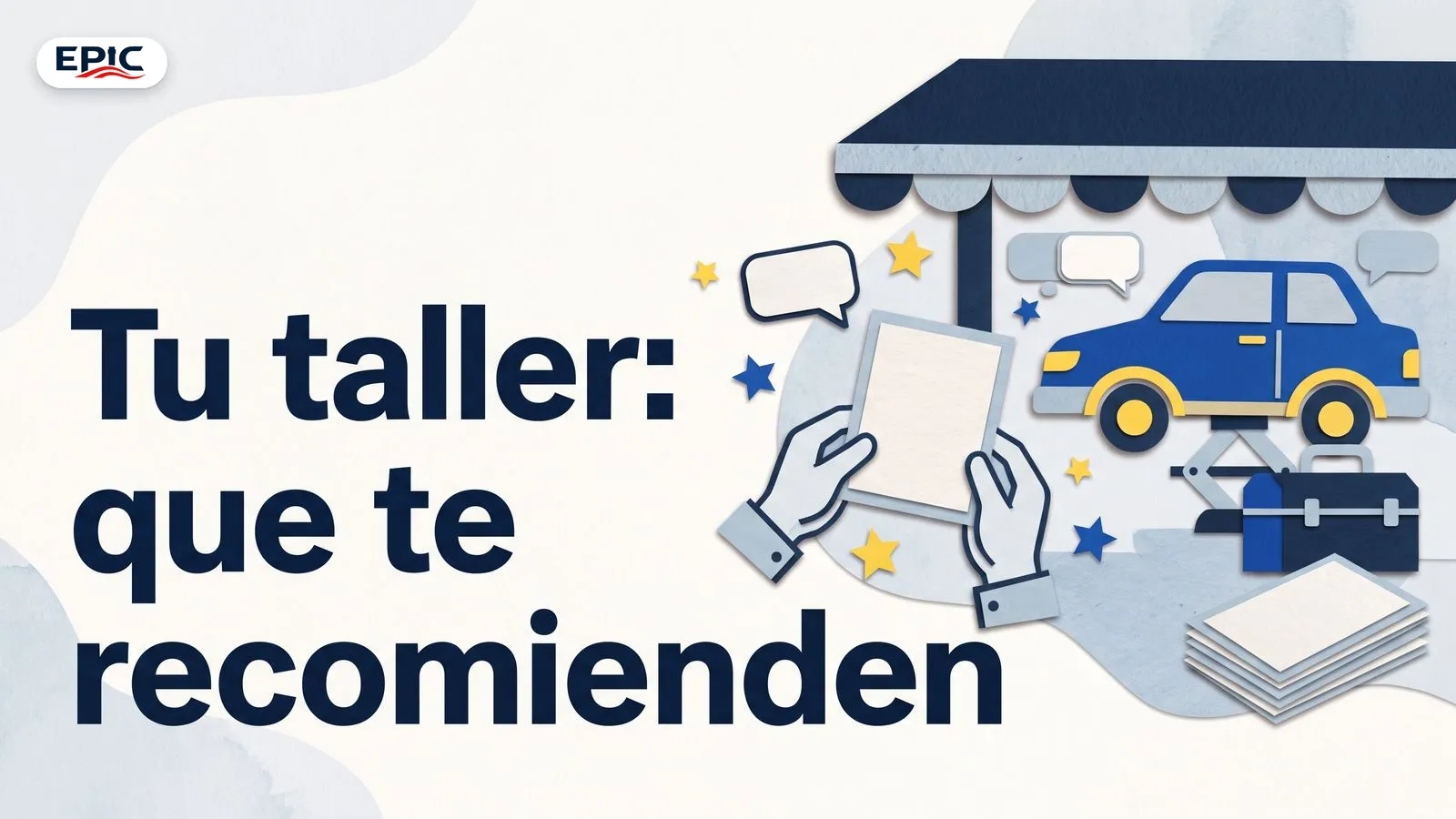 Portada: Tu taller: que te recomienden. Collage de papel de un taller con coche elevado, caja de herramientas y volantes en blanco que