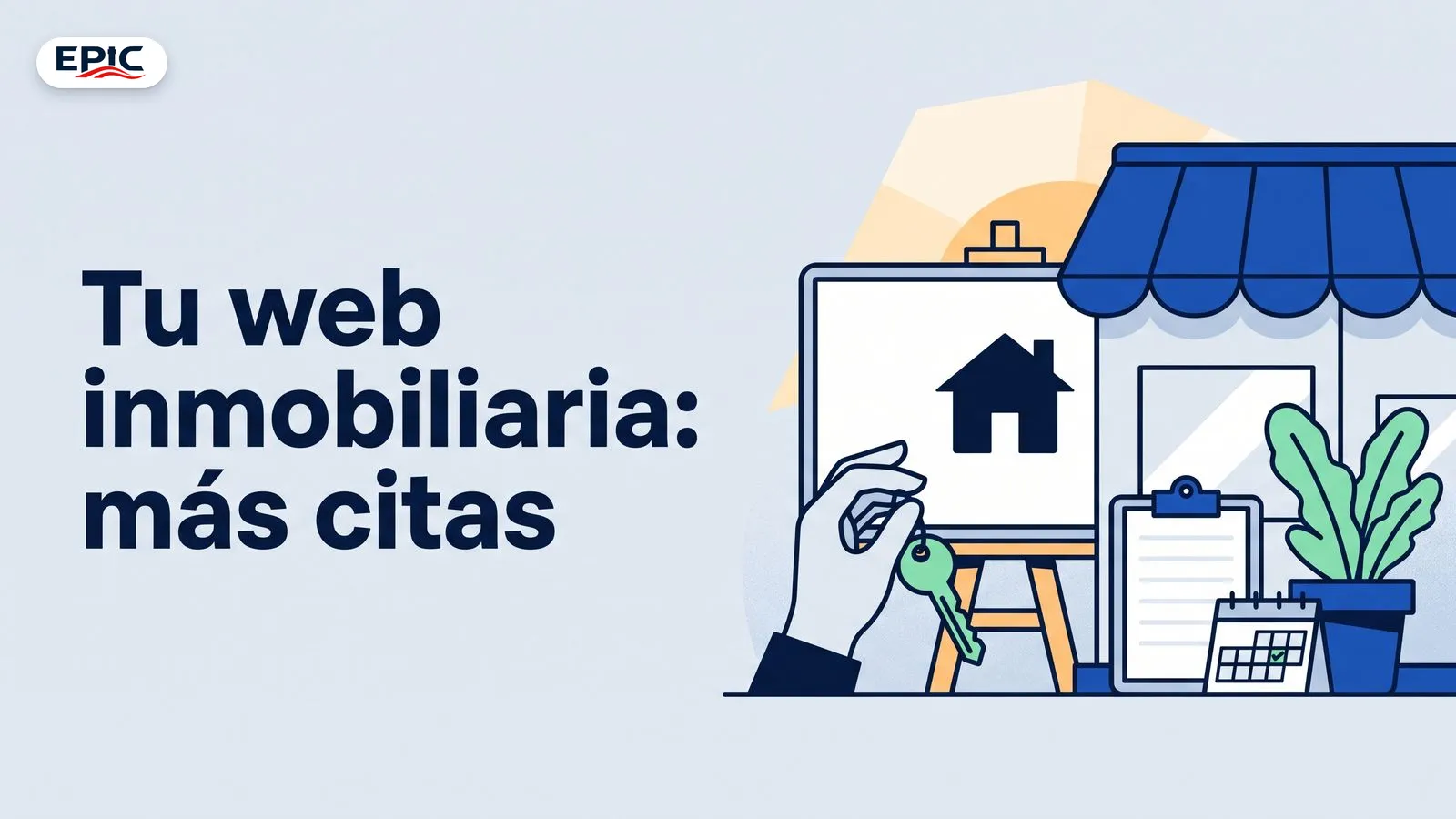 Portada: Tu web inmobiliaria: más citas. Un caballete con una pantalla que muestra una casa, una mano con llave, una libreta y un