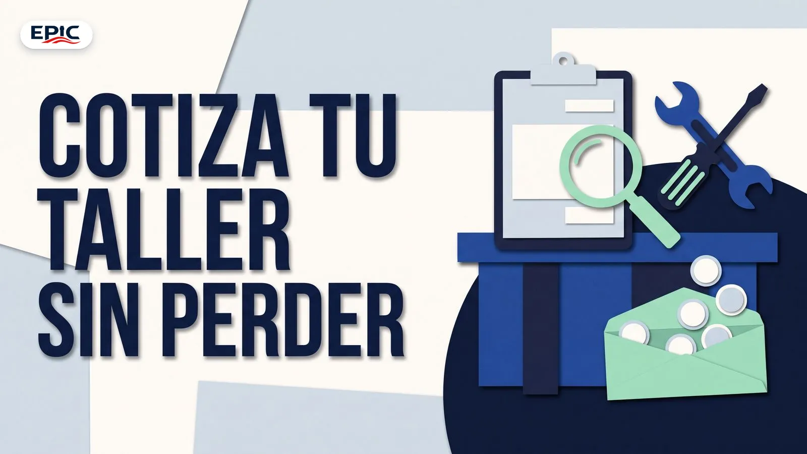 Portada: Cotiza tu taller sin perder. Collage de mostrador de taller con hoja de cotización en blanco, herramientas cruzadas y monedas.